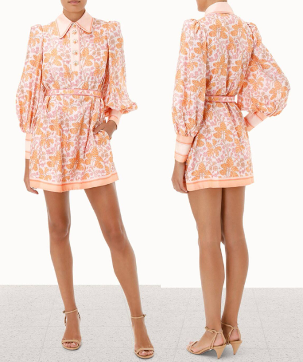 Zimmermann Kaleidoscope Logn Sleeve Shift Mini Dress Geranium Orange 0 Petite